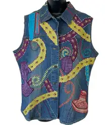 Vintage Chicos Patchwork Denim Embroidered Beaded Sequin Colorful Abstract Vest