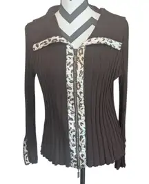 Belldini Ribbed Knit Full Zip Cardigan Sweater PX/PXL Brown Leopard Print Trim