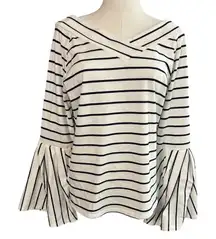 Top Women SZ S Bell Sleeve White Blue Striped Boho Cottage Core Gibson Latimer