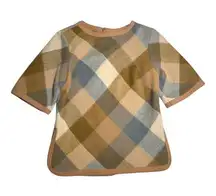 Vtg 1950s Petti Brown Tan Blue Plaid Wool Felt Back Zip Short Sleeve Top Sz S