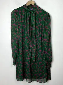 MODCLOTH Women's Shift Dress Rose Print Size XL Green Semi-Sheer Sleeve Neck Tie