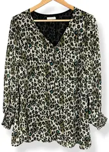 Ava James Blouse Leopard Print Metallic Animal‎ V-Neck Size 14/16 Shirred Cuffs