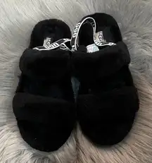 NWOT UGG Black Fluffy Slides Strappy Back sz 6