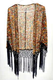 LovelyGirl dolman 1/2 sleeve open kimono, fringe, sheer, size‎ M/L