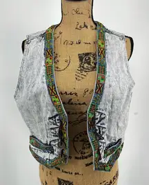 Vintage‎ Acid Wash Native Denim Vest Waistcoat Unique Artsy Eclectic 80s Medium