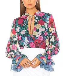 Rococo Sand Talia Blouse in Deep Green with Red and Pink Size Small NWT