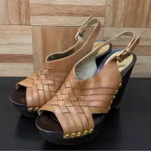 MICHAEL Michael Kors “Harlow” Cognac Woven Leather Platform Wedge Sandals 5.5