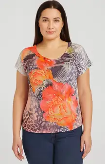Style & Co Women’s Petite Short Sleeve Floral Animal Print Tee Shirt -Size Large