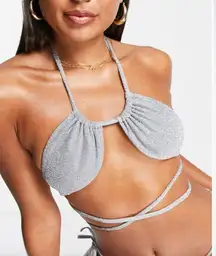 Upside Down Triangle Wrap Around Bikini Top in Silver Glitter