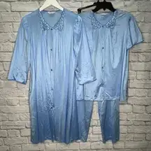 Vintage Vanity Fair 3 Piece Nylon Pajama Set Pants Shirt Robe Size S Blue Floral