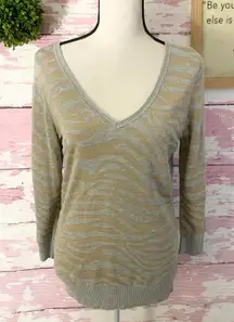 Vneck Gray Gold Metallic Zebra Print Sweater