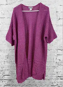 Catherines womens  crochet open cardigan sweater orchid pink elbow sleeve 3X