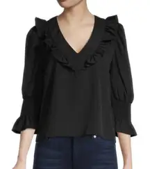 French Connection Smocked Ruffle Trim Top Size L Black 3/4 Puff Sleeve Girl Boss