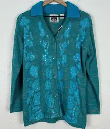 Storybook Knits Blue Sequin Button Front Collared Cardigan Sweater NWT Small