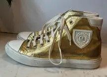 Distressed Calfskin Bedford Logo-Appliqued Hightop Sneakers 6.5 Gold Cream White