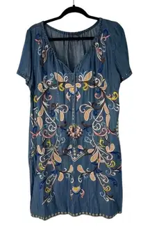 Chelsea & Theodore Chambray Embroidered Floral Short Sleeve Tunic Dress Sz L‎