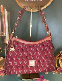 Dooney Bourke Signature Monogram Burgundy Leather Trim Shoulder Bag