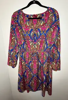 Merona Pink Blue Tan Paisley Cinched Waist Long Sleeve Dress Women’s Size Large