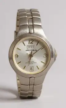 Milan Quartz Watch Silver Tone Stainless‎ Steel Day Date Indicator