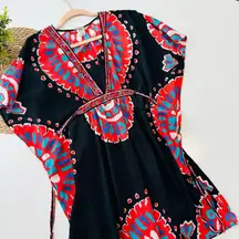 TRINA TURK | GUC Black & Multi Colored Beach Coverup Deep V w/ Tie Back Size S