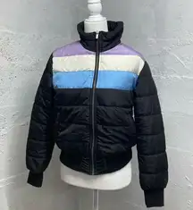 Popsugar puffer coat black block stripe Medium NWT