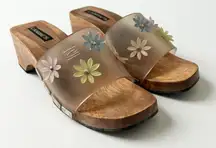 Vintage 90s Candies Wood Platform Clogs Mules Floral Translucent Strap Size 8