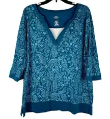 St. John’s Bay Turquoise Paisley Floral 3/4 Sleeve Top 1X