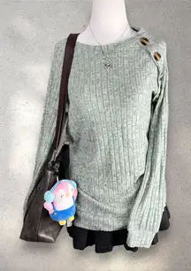 Ribbed Knit Sweater Women’s S Green Sage Button Shoulder Soft Cozy Minimalist