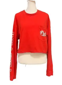 PINK Victoria's Secret Red Long Sleeve Cropped Casual Cotton Crew Neck T-Shirt