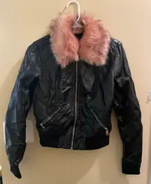 Ci Sono Faux Black Leather Faux Fur Pink Collar Biker Moto Jacket Women’s Small