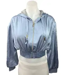 Zara Blue Silky Satin Zip Up Activewear Long Sleeve Crop Hooded Bomber Jacket XS