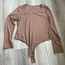 Amazon Womens Tan Ribbed Asymmetrical Neck Long‎ Sleeve Bodysuit Size XL