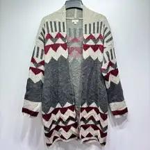 Debut Tan Gray Maroon Aztec Geo Print Open Front Long Cardigan Size Small