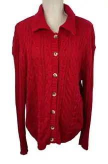 Crazy Horse Liz Claiborne Cable Knit Cardigan‎ Sweater Womens L Red Button Front