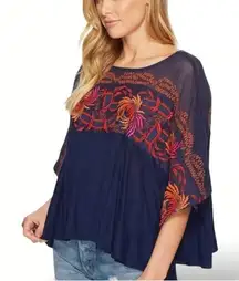 Free People Embroidered Floral Mesh Navy Blue Boho Oversized Top Kimono Sleeve‎