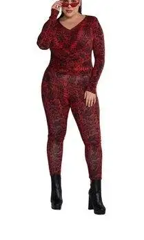 NY&C Red Snake Print Jumpsuit‎ Long Sleeve V Neck Party Outfit size 2X