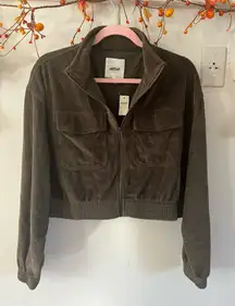 Aerie Groove On Velour Cropped zip up jacket in Olive.