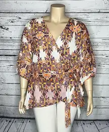 City Chic Size M/18 White - Orange & Purple Printed True Wrap Blouse Top