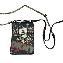 DKNY Elissa Graffiti Leather Crossbody Bag Black Silver Chain NYC Theme Lock