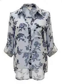 ​Candie's Y2K Blue Floral Sheer Button-Up Blouse Top M Roll Tab Sleeve Fairycore