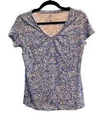 St John's Bay Paisley Print V-Neck T-Shirt Top Blue‎ White Petite Medium PM