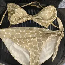 VINTAGE 90’S ‎ XHILARATION BIKINI Size L\M Retro Triangle Halter Gold Polka Dots