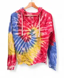 Exist Red Blue Yellow Tie Dye Hoodie Drawstring Sweater with Pocket Size Small