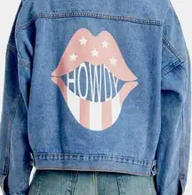 Howdy Lip Print Button Front Denim Jacket. medium blue‎ wash.