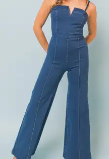 Pink Lily Classic Blue Denim jumpsuits wide leg
