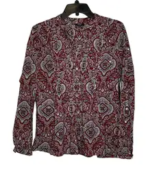 Talbots Blouse Size Small Burgundy White Floral With Sequin 100% Cotton Womens‎
