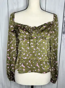 Lush Feel So Lucky Satin Long Sleeve Romantic Blouse Size S Green Pink