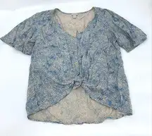 Hinge Blue & Beige Floral Short Sleeve with Tie Size Small