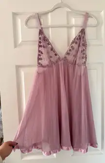 Lavender Lilac Sheer Floral Lace Satin Ribbon Trim Babydoll Slip Dress