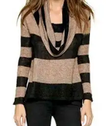 Lulu Rugby Tan and Black Striped Cowl Neck Alpaca Wool Blend Sweater